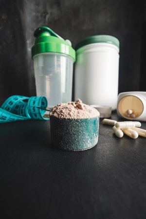 Chocolate whey protein powder in measuring spoon, white capsules of amino acids, vitamins and creatine, measuring tape, plastic shaker on dark background. bodybuilding food supplements.の写真素材
