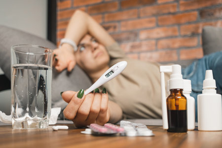 Sick woman with fever lying on sofa at home, holding digital thermometer showing high temperature of 38.1. cold remedies, medicine and pills on table. Concept of seasonal diseases, coronavirus and flu.の写真素材
