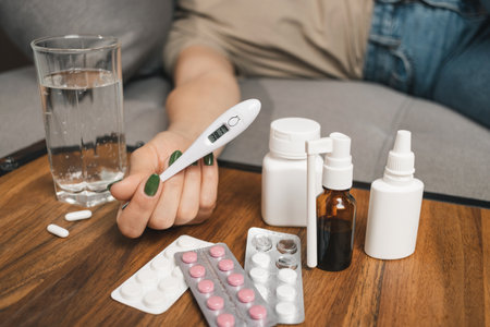 Sick woman with fever lying on sofa at home, holding digital thermometer showing high temperature of...