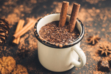 Homemade spicy hot chocolate drink with cinnamon stick, star anise, gratified chocolate in enamel mug on dark background with cookies, cacao powder and chocolate pieces.の写真素材