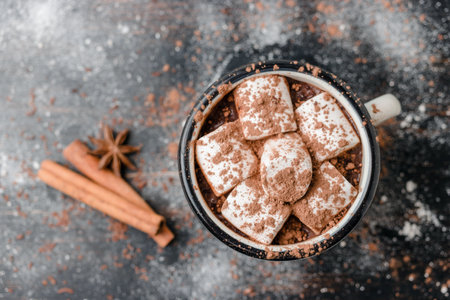 Homemade spicy hot chocolate drink with white marshmallows in enamel cup on wooden table with cinnamon stick and star anise, top view.の写真素材