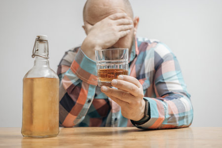 Addicted and drunk man at the table with a glass of alcohol drink, whiskey or brandy, alcoholism and bad habits concept.の写真素材