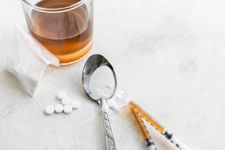 Narcotic substances in spoon, dope powder in transparent plastic bag, syringes with drugs dose, white pills and glass of alcohol drink on textured background. Concept of addiction and bad habits.の写真素材
