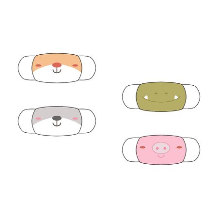 Face masks with cute animal face motifs. Set of designs o reusable mouth kids funny masks with cute animal face motif in vectorのイラスト素材