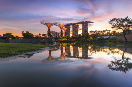 SINGAPORE CITY, SINGAPORE - MAY 28, 2013: Singapore Skyline And View Of Marina Bay sands from Garden By The Bay. Travel, Singapore on MAY 28, 2013のeditorial素材
