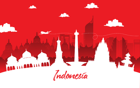 red color Flat design, Illustration of Indonesia Icons, and landmarks. Travel concept.のイラスト素材