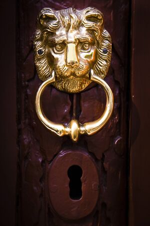 Decorative lion head knocker on a wooden door の写真素材