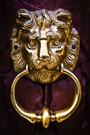 Decorative lion head knocker on a wooden door の写真素材