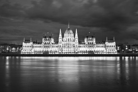 Parliament, Budapest, Hungary at night in black and whiteのeditorial素材