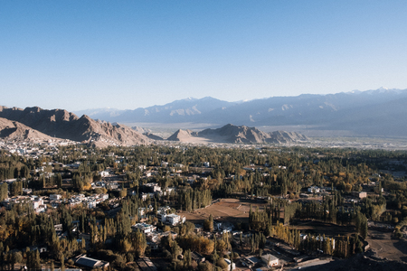 Landscape and building in Leh Ladakh city with mountains and blue sky backgroundの写真素材