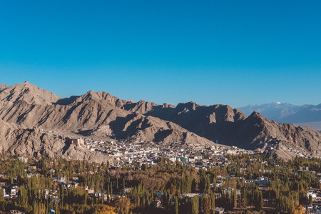 Landscape and building in Leh Ladakh city with mountains and blue sky backgroundの写真素材