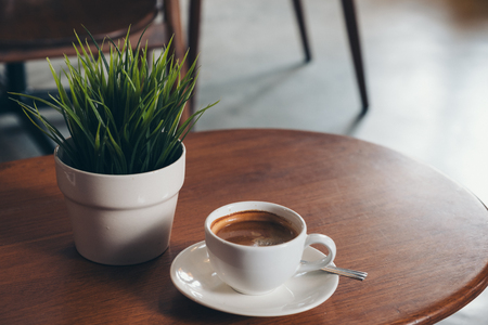 A white cup of hot coffee and a small tree pot on vintage wooden table in vintage cafeの写真素材