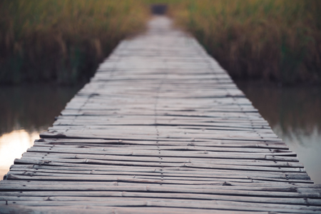 An old bamboo wooden bridge above the river and rice fieldの写真素材