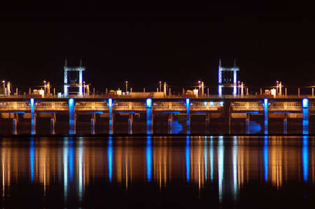 Hydro-electric Dam at nightの写真素材