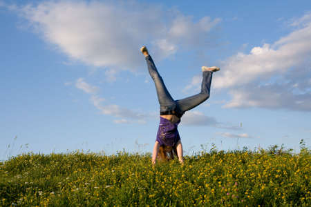 Cartwheel on meadow on a background blue sky