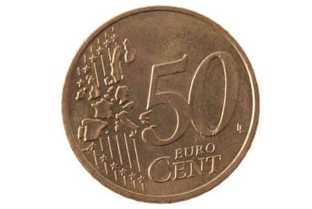 fifty cents euro coin on isolatedの写真素材