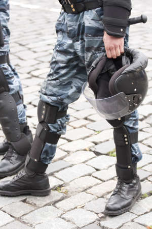 Helmet on a police officer in the street の写真素材
