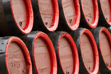 Wooden wine barrels - background  の写真素材