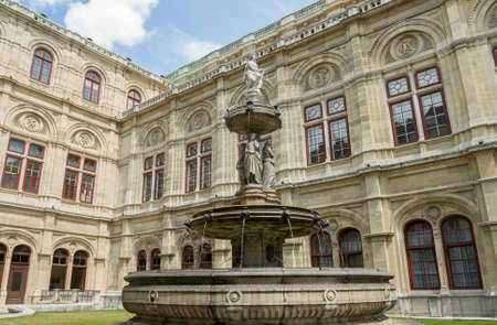 VIENNA, AUSTRIA - JULY 23, 2017:Details of water fountain in front of The Vienna Opera house in...