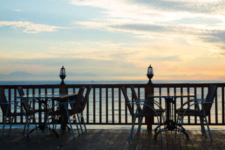 Empty cafe at sunrise on the beach in Turkey, Antalyaの写真素材