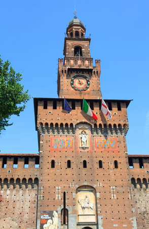 Milan, Italy-June 11, 2010:Tower and walls of Sforzesco castle in Milan, Italy.のeditorial素材