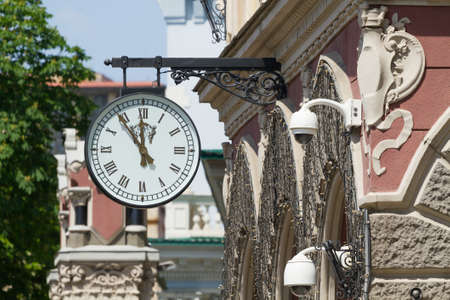 Kyiv, Ukraine - May 29,2019:Clock on the facade of the National Bank in Kyiv, Ukraineのeditorial素材