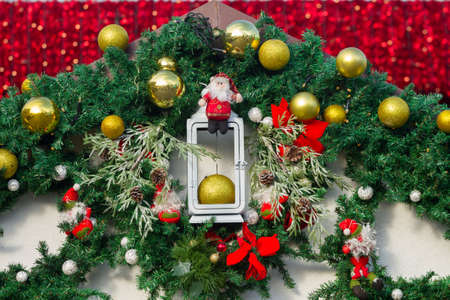 Christmas decoration of balls, pine and lampの写真素材
