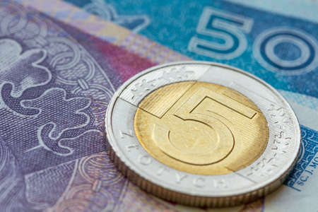 Five zloty coin close-up money background