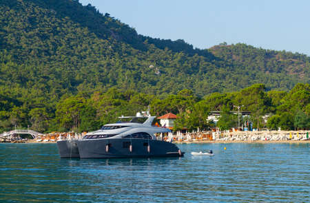 Kemer, Turkey - June 20, 2018:Yacht anchored in the bay on the Mediterranean sea in Kemer, Turkeyのeditorial素材