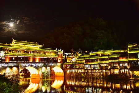 Feng Huang at night, the most famous ancient town in Hunan province, Chinaのeditorial素材
