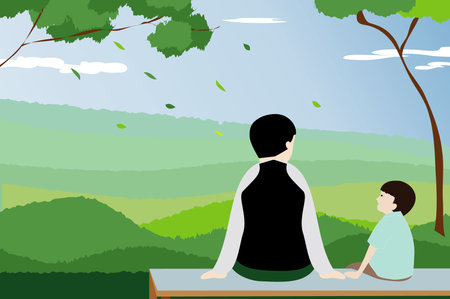 Father and son sitting at table in the park. Vector illustration.の写真素材