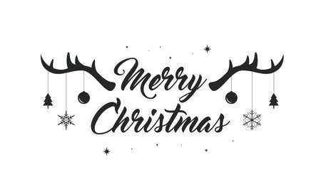 Merry Christmas text vector illustration, lettering with antlers and Christmas decoration.のイラスト素材