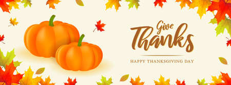 Give Thanks - Happy Thanksgiving Day banner vector illustration. Pumpkins in Autumn maple leaves frame backgroundのイラスト素材