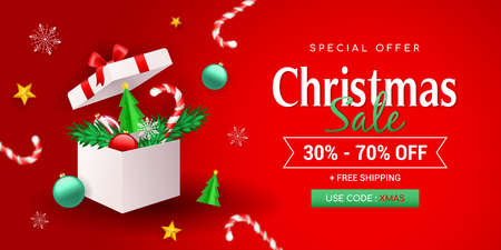 Christmas sale banner vector illustration. Open gift box with christmas ornament on red backgroundのイラスト素材