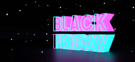 3D Render Black Friday Sale illustration Design. Neon lights text on dark backgroundの写真素材