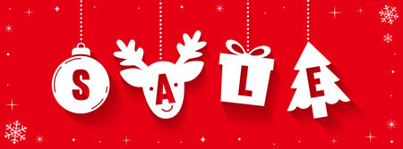 Christmas Sale Banner background vector illustration. Hanging Christmas price tags on red backgroundのイラスト素材