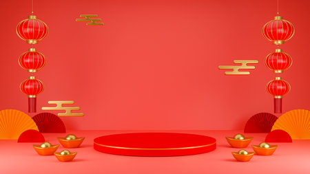 3D Render illustration of Chinese New Year Product display stage for presentation. Celebration Backgroundの写真素材