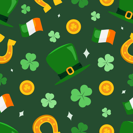 St. Patrick's seamless pattern vector illustration. Shamrock, gold coins, Leprechaun hat, Irish flag and horseshoe on green backgroundのイラスト素材