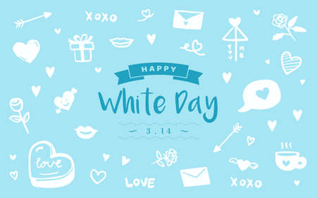 Happy White Day doodle art on blue background vector illustrationのイラスト素材
