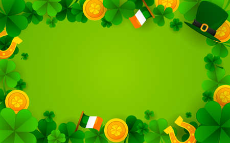 Happy St. Patrick's Day frame on green background vector illustration. Shamrock frame with gold coins, Leprechaun hat, Irish flag and horseshoe paper art styleのイラスト素材