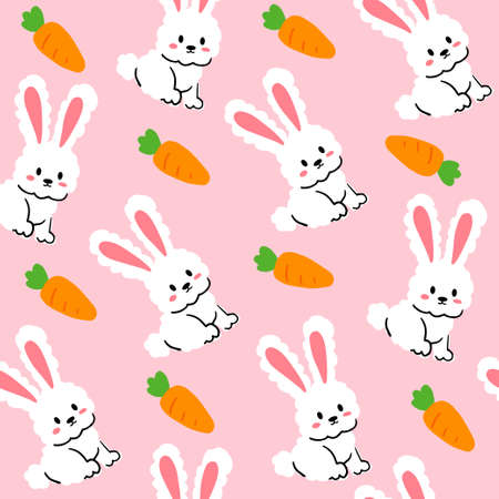 Rabbit seamless pattern vector illustration. Cute white rabbits with carrots on pink background.のイラスト素材