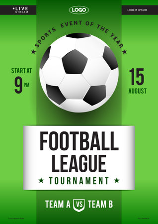 Football league tournament poster vector illustration.Soccer ball on green background.&#x9;のイラスト素材