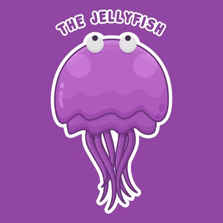 Jellyfish Cartoon Character. Cute Animal Mascot Icon Filed Style. Kids Sticker Collectionのイラスト素材