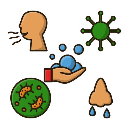 Washing Hands. Cold Cough and Disease. Microbe Germ Virus and Bacteria. Filled Outline Icon Design Vectorのイラスト素材