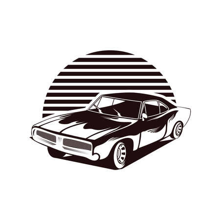 Classic Old Car Logo Vintage Retro. Car Auto Silhouette Label Symbol. Car Service Sticker Black and White Vector Illustrationのイラスト素材