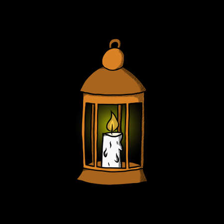 Lantern And Candle  Vintage Hand Drawn. Lantern Lamp Bright Symbol Illustration. Bright Candlestick Icon Vectorのイラスト素材