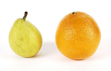 Pear and orange on white backgroundの写真素材