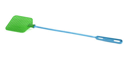 Plastic flyswatter green and blue on a white backgroundの写真素材