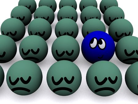 One cheerful man among crowd sad. 3d render.の写真素材
