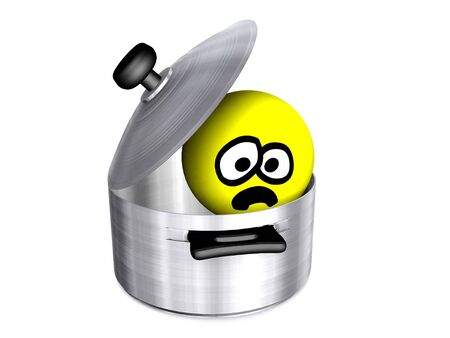 The scared little man tries to get out of a saucepanの写真素材